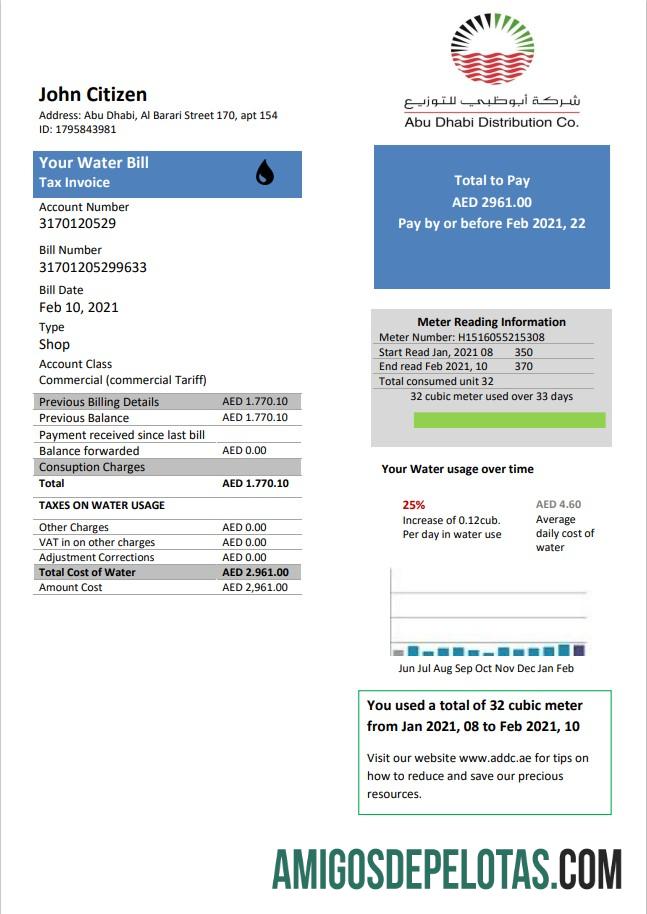 Para baixar modelo de conta de serviços públicos de água para distribuição de Abu Dhabi nos Emirados Árabes Unidos em formato Word e PDF
